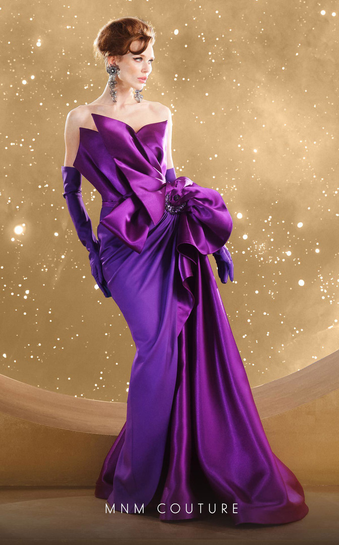 MNM Couture F02854 Long Crepe Brocade Strapless Long Dress