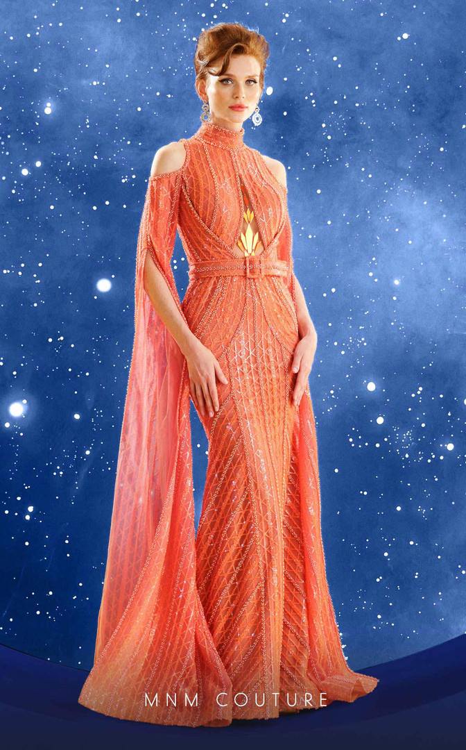 MNM Couture F02857 Mesh Embroidered High Neckline Long Dress