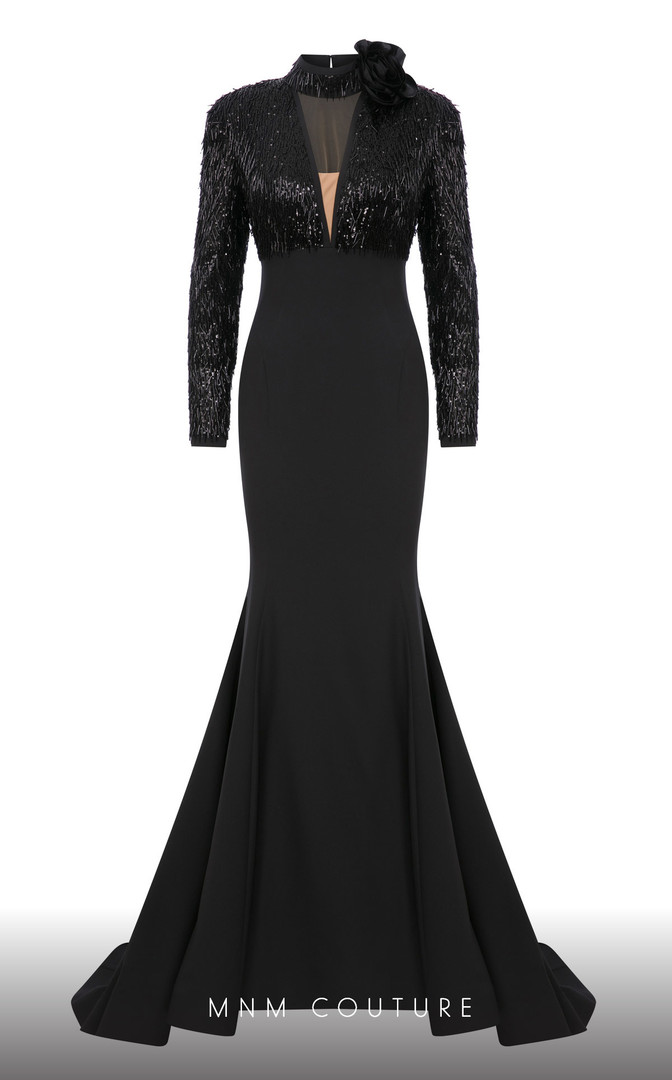 MNM Couture F02859 Sequined Beaded Tulle Long Sleeve Dress