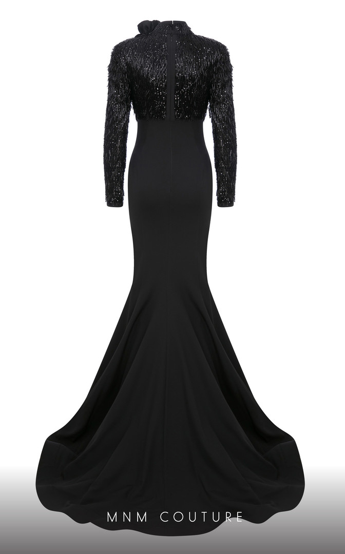 MNM Couture F02859 Sequined Beaded Tulle Long Sleeve Dress