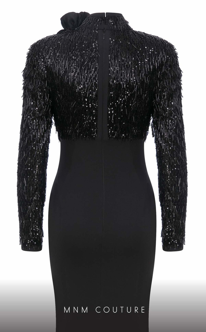 MNM Couture F02859 Sequined Beaded Tulle Long Sleeve Dress