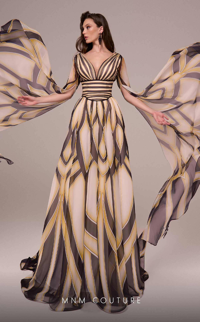 MNM Couture F02862 Chiffon Embodies Grace V-neck Train Dress