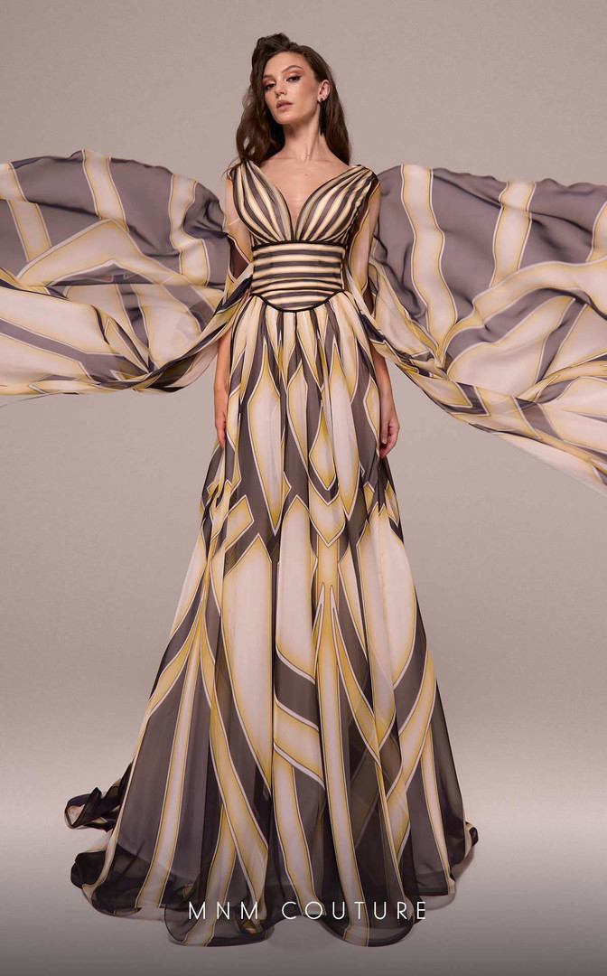 MNM Couture F02862 Chiffon Embodies Grace V-neck Train Dress