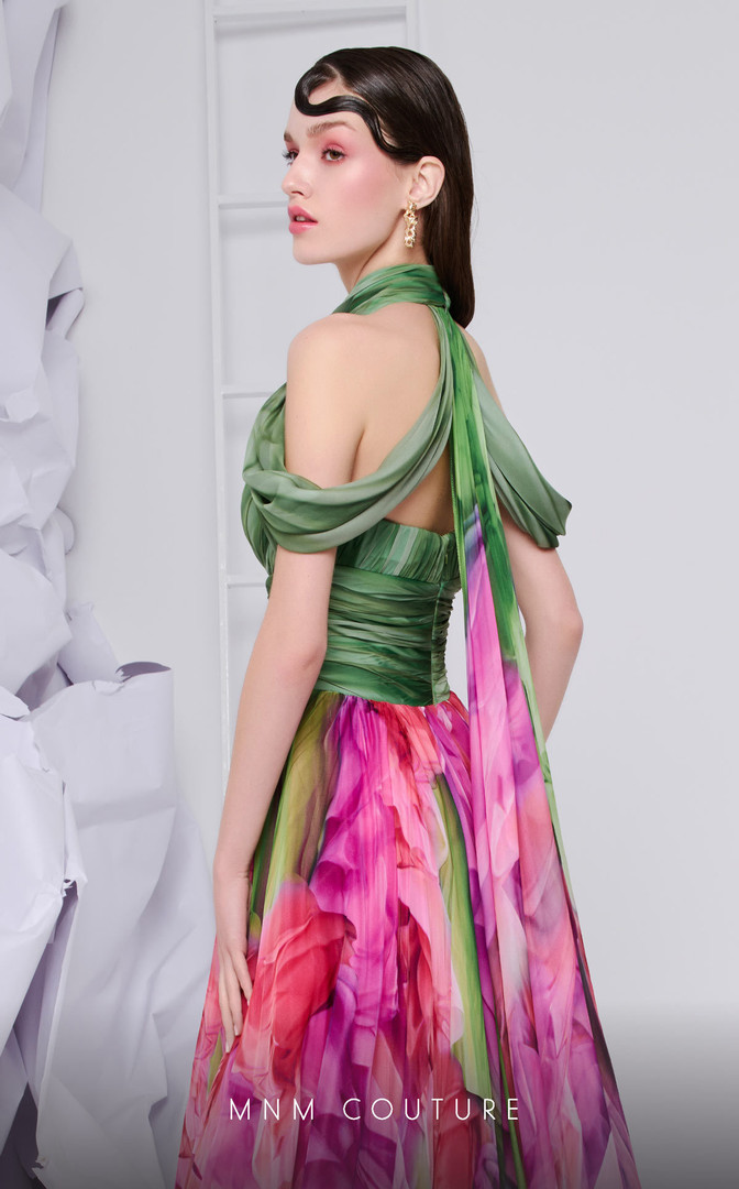 MNM Couture F02864 Printed Chiffon High Neck Ruched Dress
