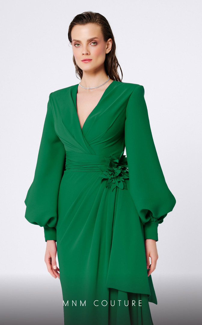 MNM Couture F02866 Crepe V-neck Puffed Sleeves Slit Dress