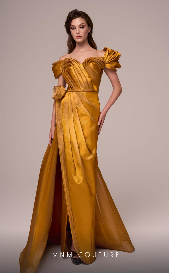 MNM Couture F02884 Taffeta Off the Shoulder Ruched Dress