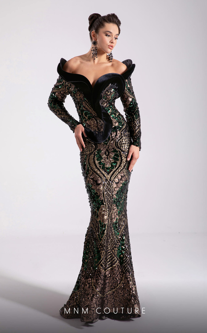 MNM Couture F02896 Sequin Embroidery Long Sleeves Long Dress