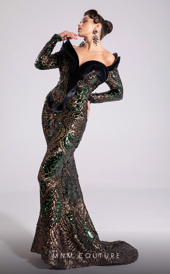 MNM Couture F02896 Sequin Embroidery Long Sleeves Long Dress