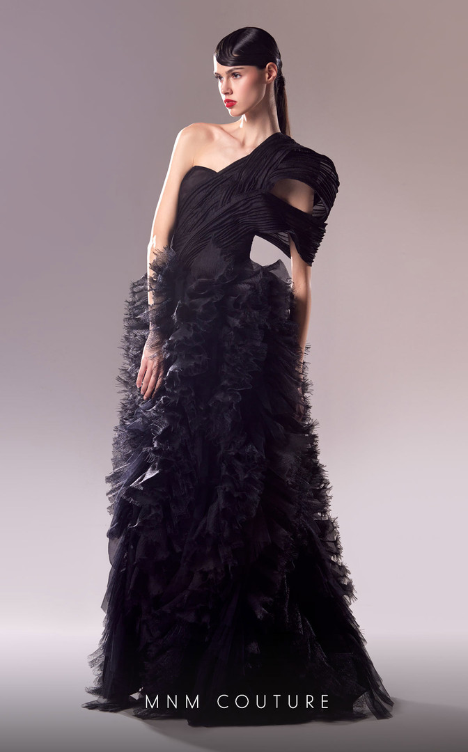MNM Couture G1600 Tulle Ruffles One Shoulder Fitted Dress