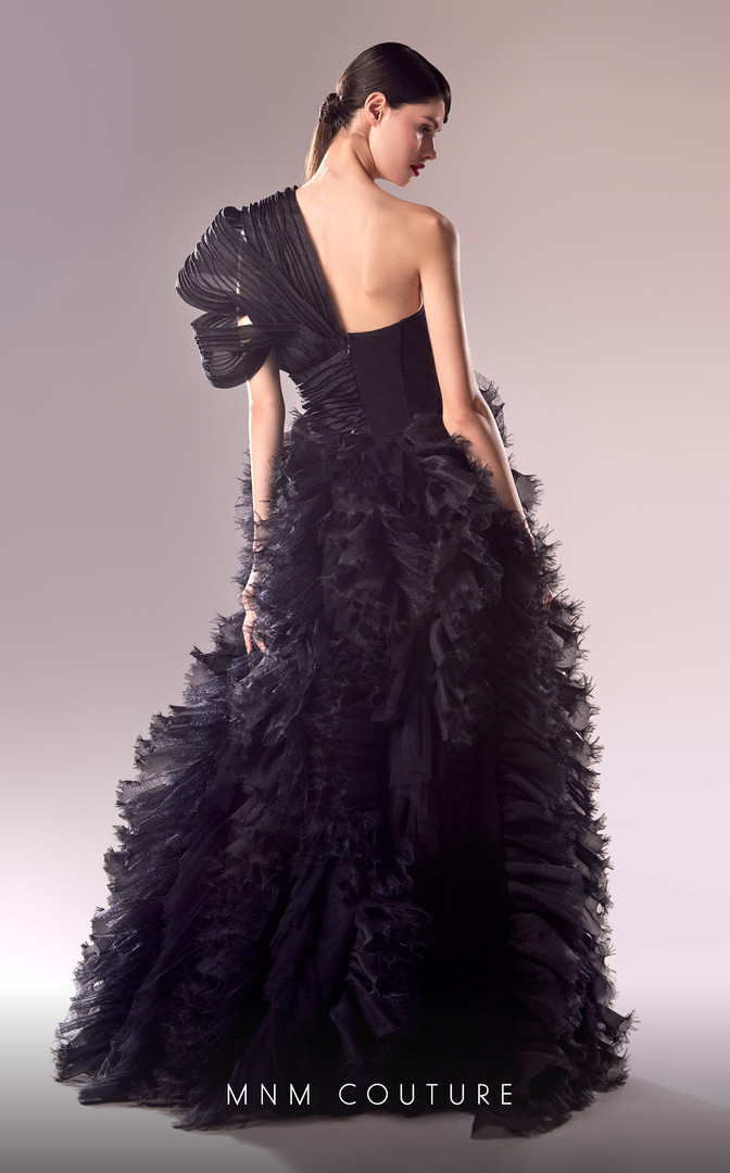 MNM Couture G1600 Tulle Ruffles One Shoulder Fitted Dress