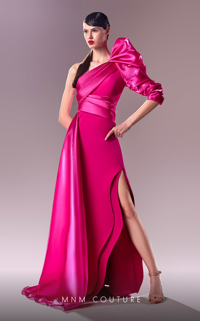 MNM Couture G1601 Satin Crepe One-Shoulder Fitted Long Dress