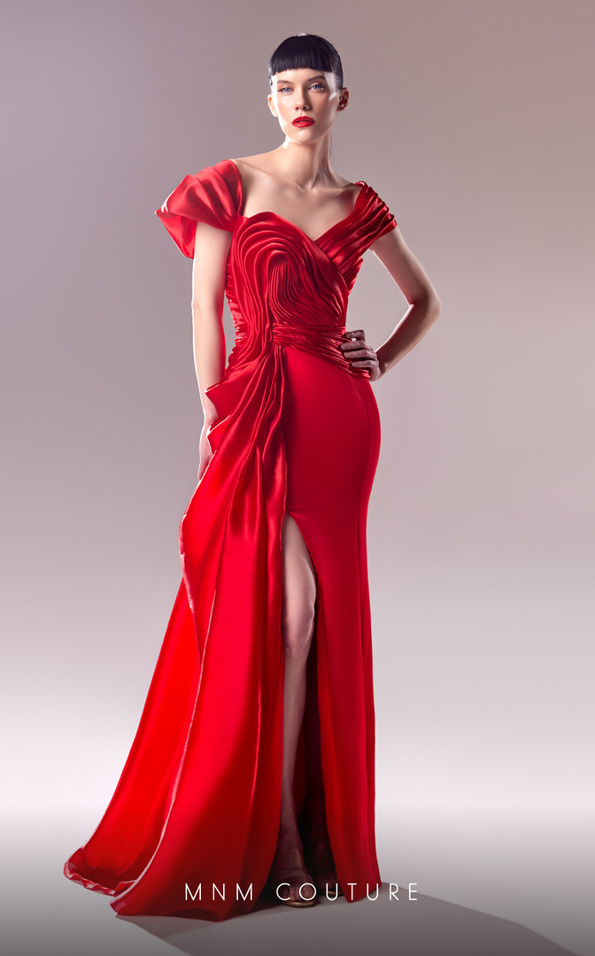 MNM Couture G1624 Crepe Organza Off the Shoulder Long Dress