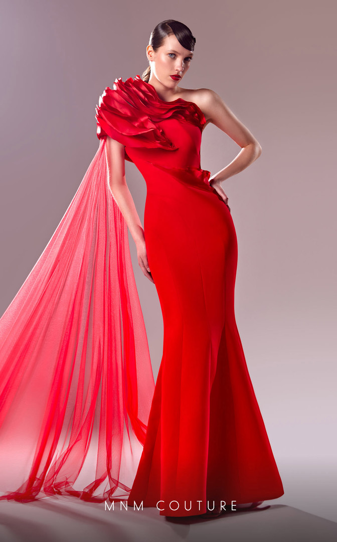 MNM Couture G1628 Crepe Tulle Sleeve One Shoulder Long Dress