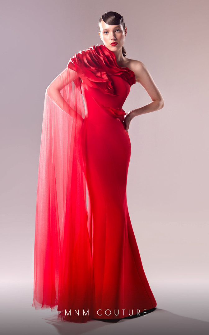 MNM Couture G1628 Crepe Tulle Sleeve One Shoulder Long Dress