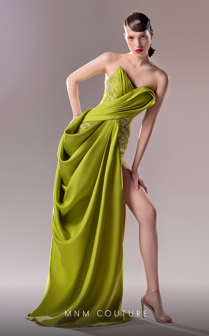 MNM Couture G1630 Satin Beaded Strapless Draped Long Dress