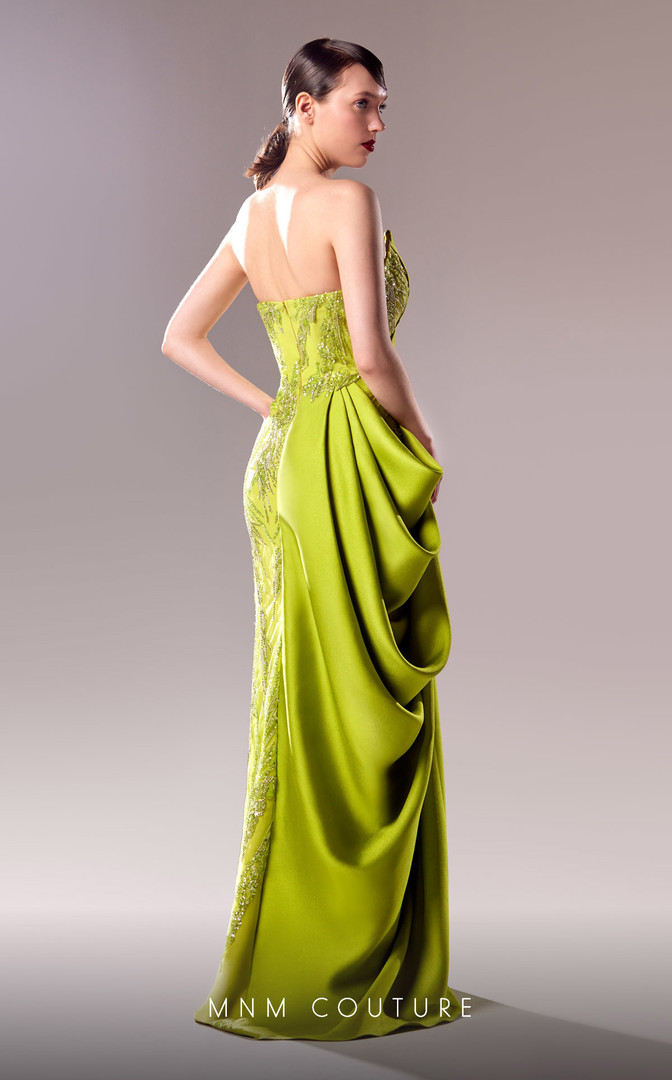 MNM Couture G1630 Satin Beaded Strapless Draped Long Dress