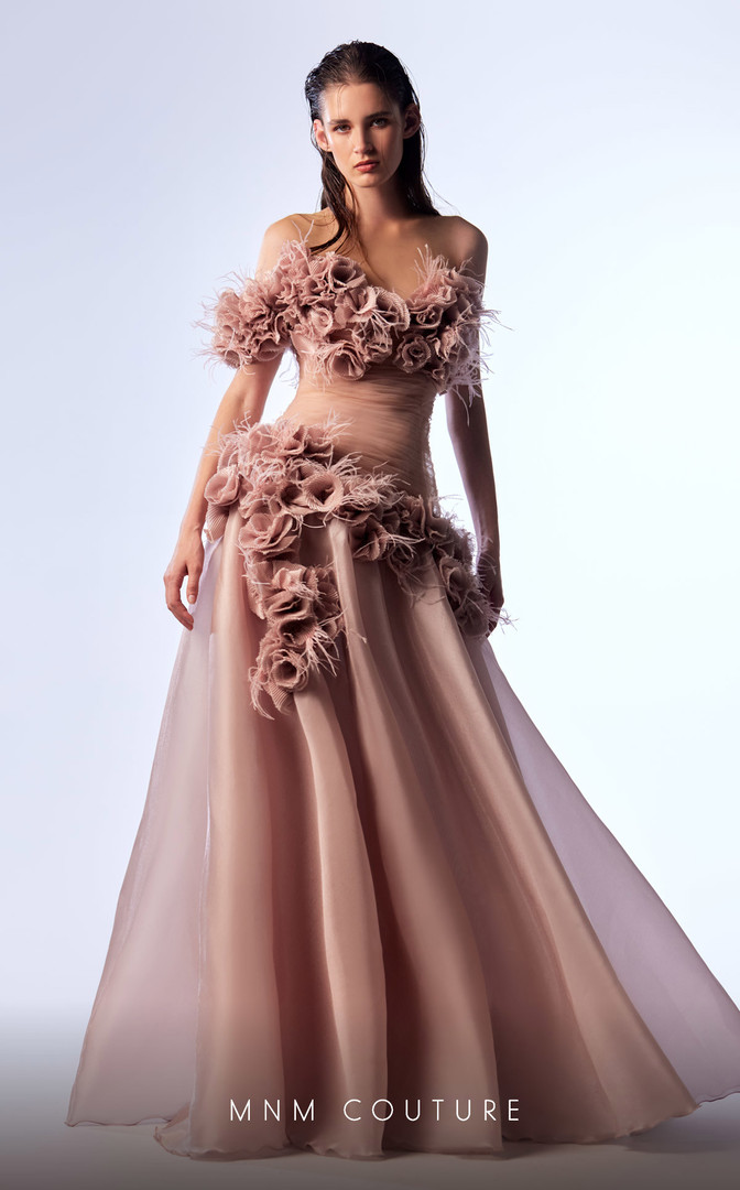 MNM Couture G1737 Organza Flowers Feathers Strapless Dress