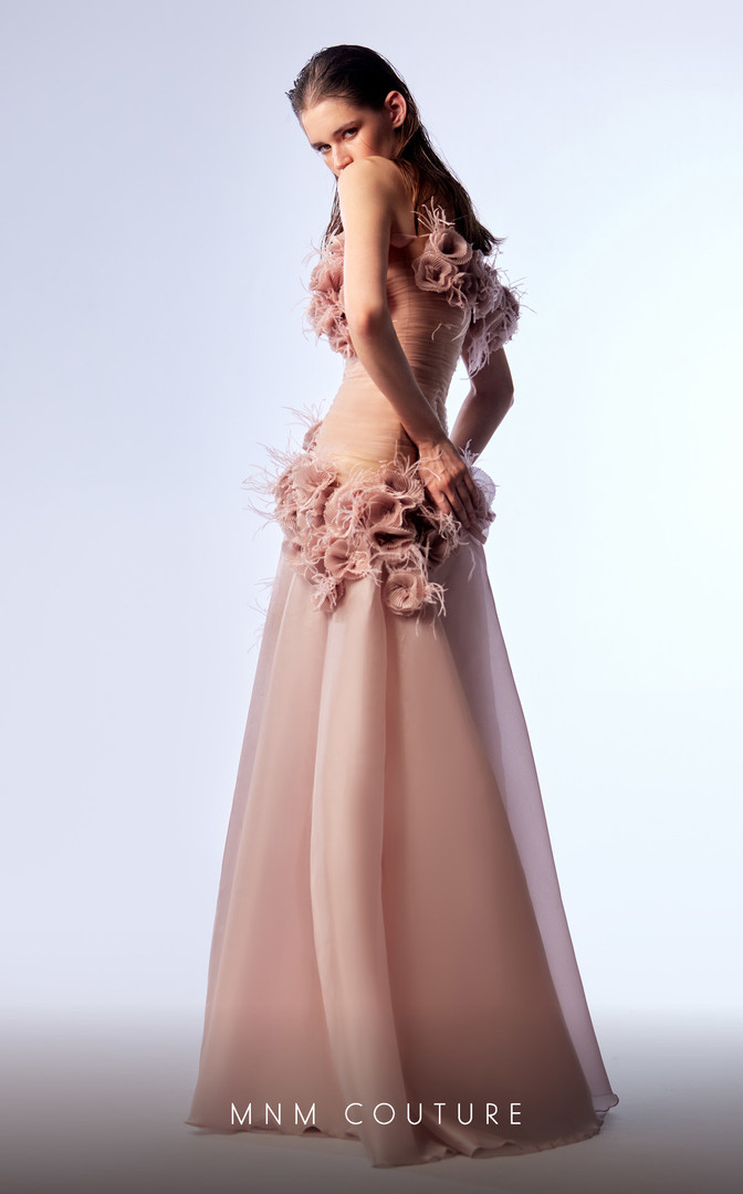MNM Couture G1737 Organza Flowers Feathers Strapless Dress