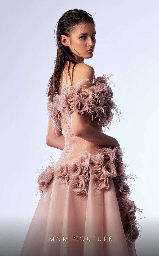MNM Couture G1737 Organza Flowers Feathers Strapless Dress