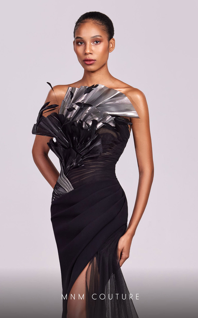 MNM Couture G1800 Crepe Feathers Strapless Sleeveless Dress
