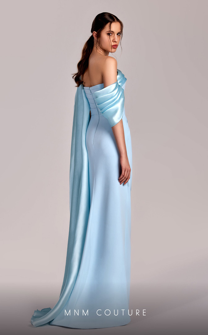 MNM Couture G1804 Crepe Satin Asymmetrical Neck Long Dress