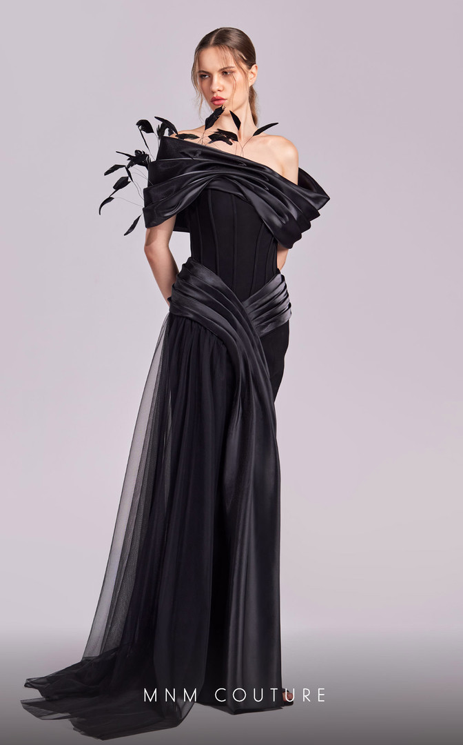 MNM Couture G1806 Crepe Satin Organza Off-shoulder Dress