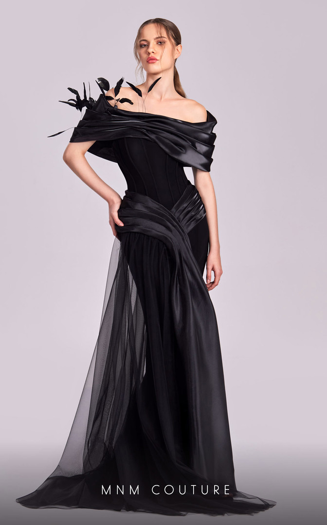 MNM Couture G1806 Crepe Satin Organza Off-shoulder Dress