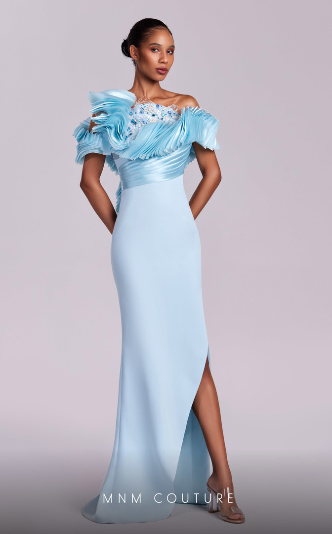 MNM Couture G1807 Crepe Off Shoulder Pleating Long Dress