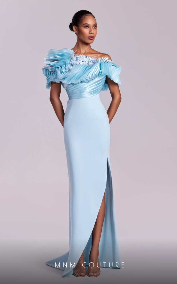 MNM Couture G1807 Crepe Off Shoulder Pleating Long Dress