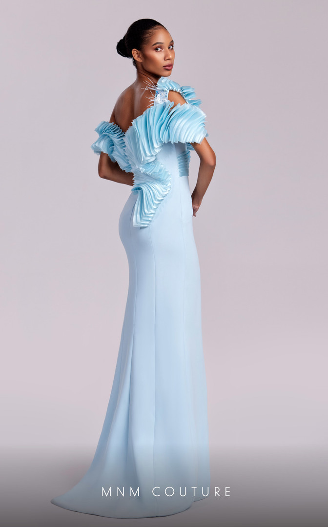 MNM Couture G1807 Crepe Off Shoulder Pleating Long Dress