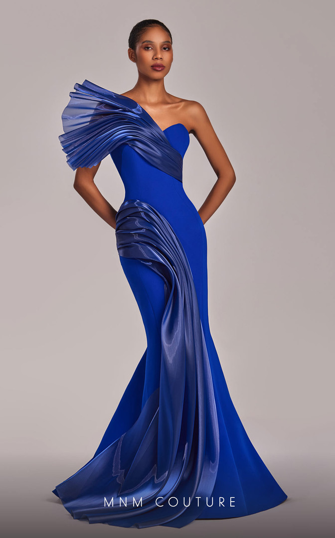 MNM Couture G1808 Crepe One Shoulder Pleating Long Dress