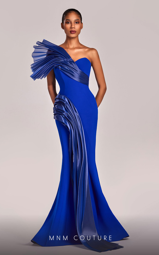 MNM Couture G1808 Crepe One Shoulder Pleating Long Dress