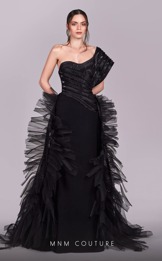 MNM Couture G1812 Crepe Ruffles One Shoulder Pleating Dress