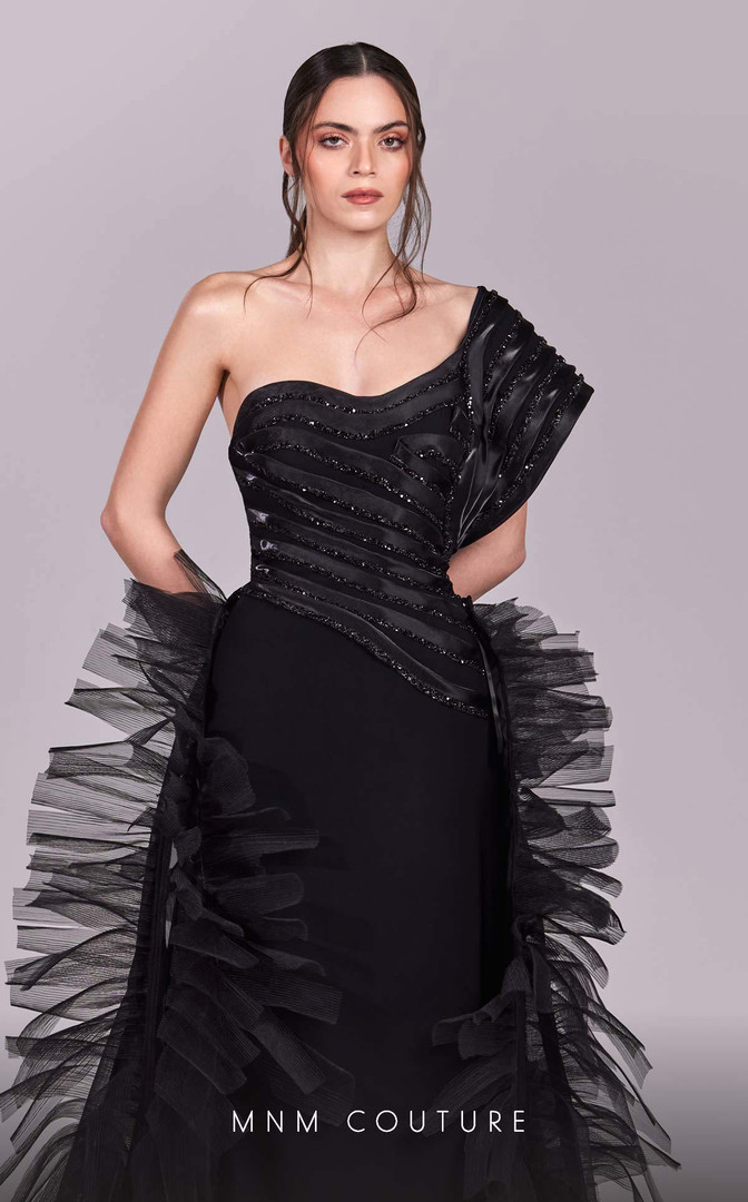 MNM Couture G1812 Crepe Ruffles One Shoulder Pleating Dress