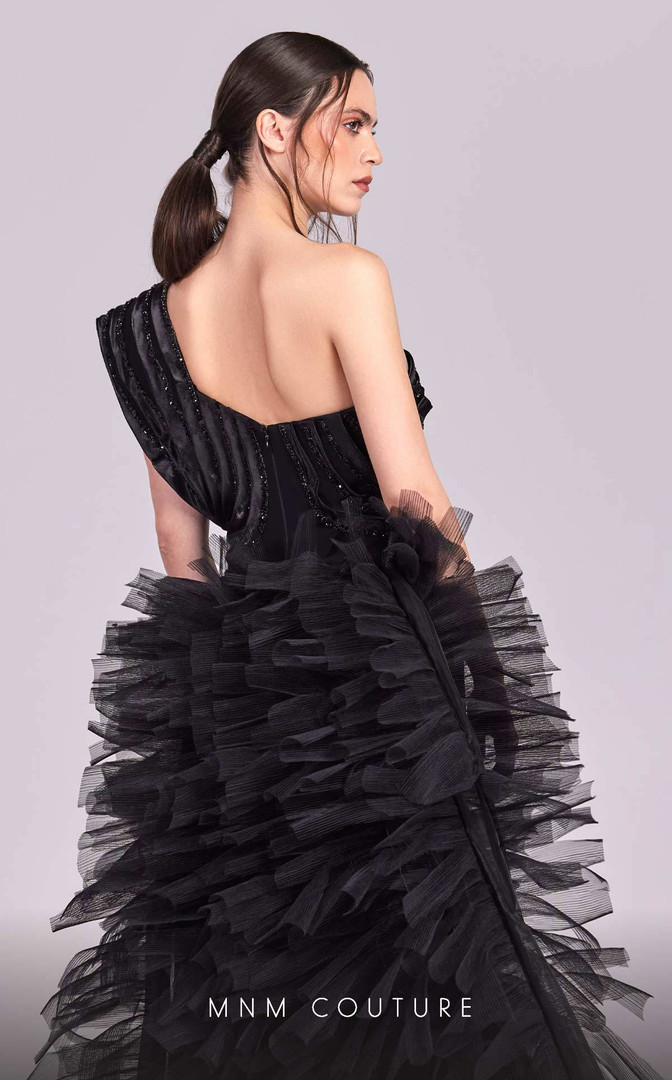 MNM Couture G1812 Crepe Ruffles One Shoulder Pleating Dress