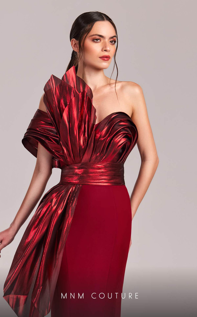 MNM Couture G1832 Crepe Metallic Asymmetric Cap Sleeve Dress