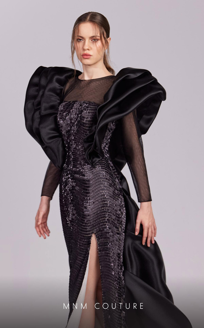 MNM Couture G1835 Ruffled High Neck Sheer Mesh Sleeves Dress