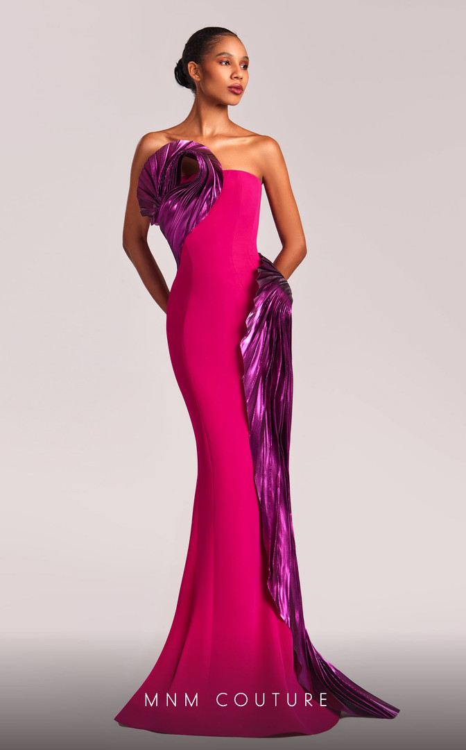 MNM Couture G1838 Crepe Metallic Strapless Pleating Dress