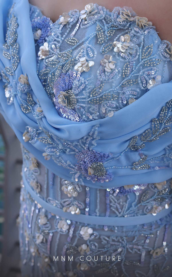 MNM Couture K4129 Beaded Mesh Off-shoulder Sleeves Dress