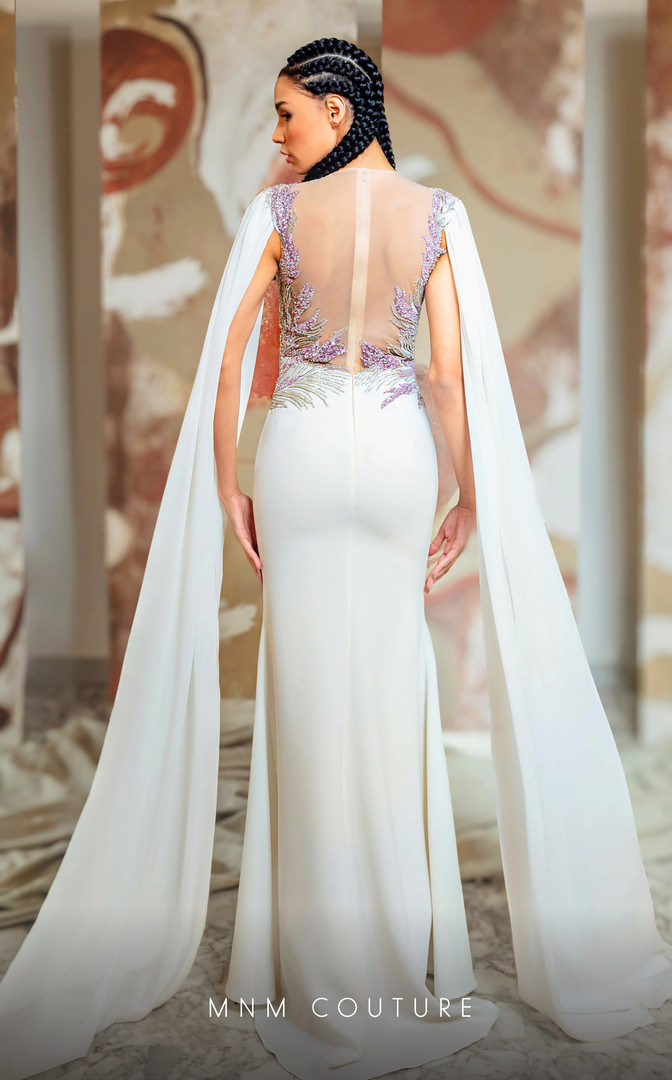 MNM Couture K4146 Crepe Embroidered Cape Sleeves Long Dress