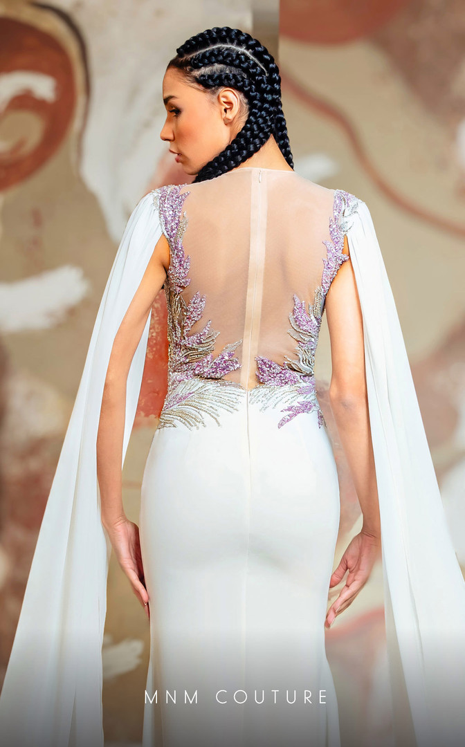 MNM Couture K4146 Crepe Embroidered Cape Sleeves Long Dress