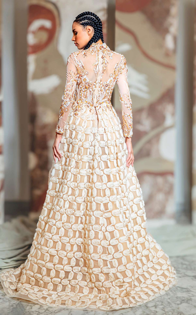 MNM Couture K4149 Embroidery High Neck Long Sleeve Dress