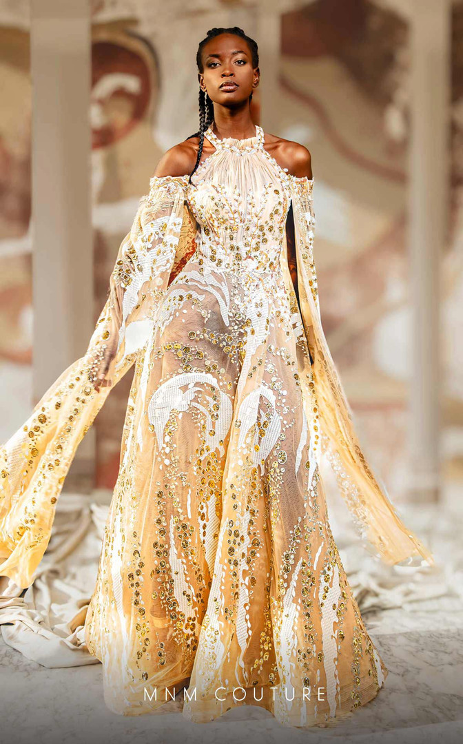 MNM Couture K4165 Flowing Lace Cold-shoulder Ruched Dress