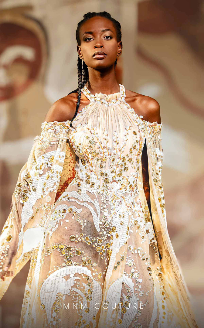 MNM Couture K4165 Flowing Lace Cold-shoulder Ruched Dress