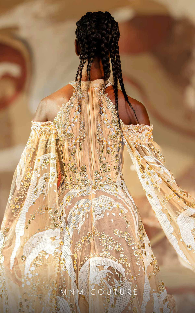 MNM Couture K4165 Flowing Lace Cold-shoulder Ruched Dress