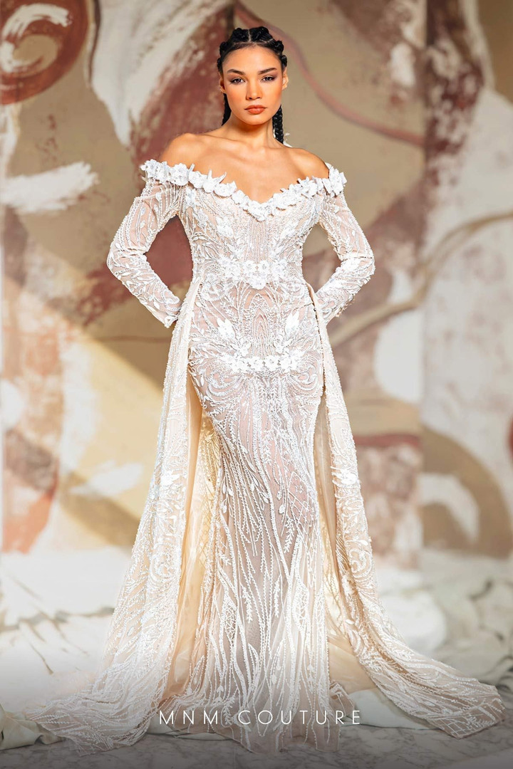 MNM Couture K4168 Lace V-Neck Long Sleeve Overskirt Dress