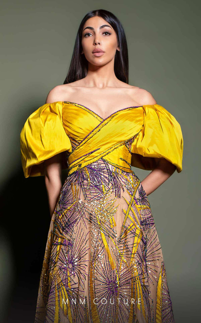 MNM Couture K4189 Beaded Puffy Cap Sleeves Ruched Long Dress