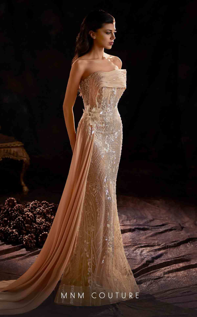 MNM Couture K4206 Chiffon Beaded Strapless Fitted Long Dress