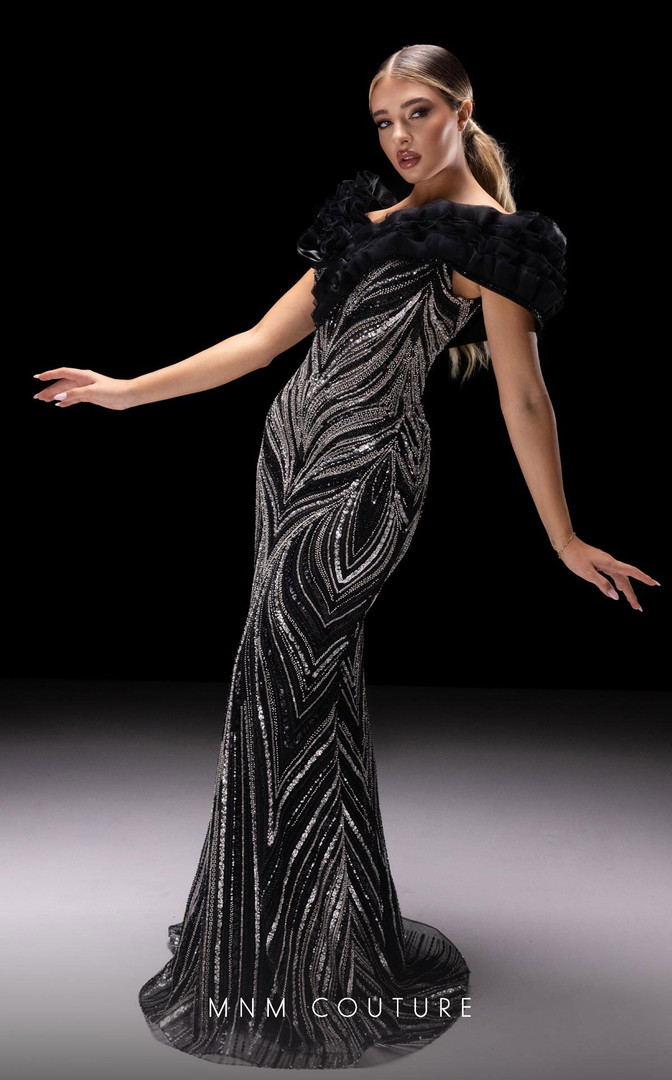 MNM Couture K4218 Beaded Off-shoulder Ruffle Sleeves Dress