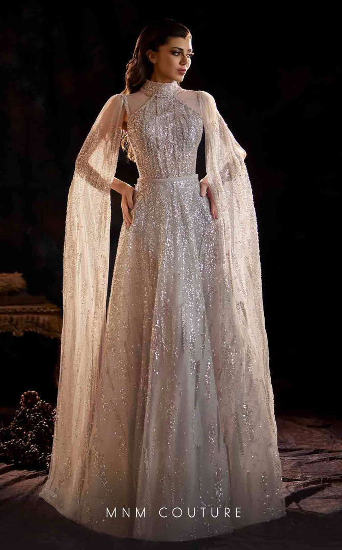 MNM Couture K4223 Mesh Embroidered Cape Sleeves Long Dress